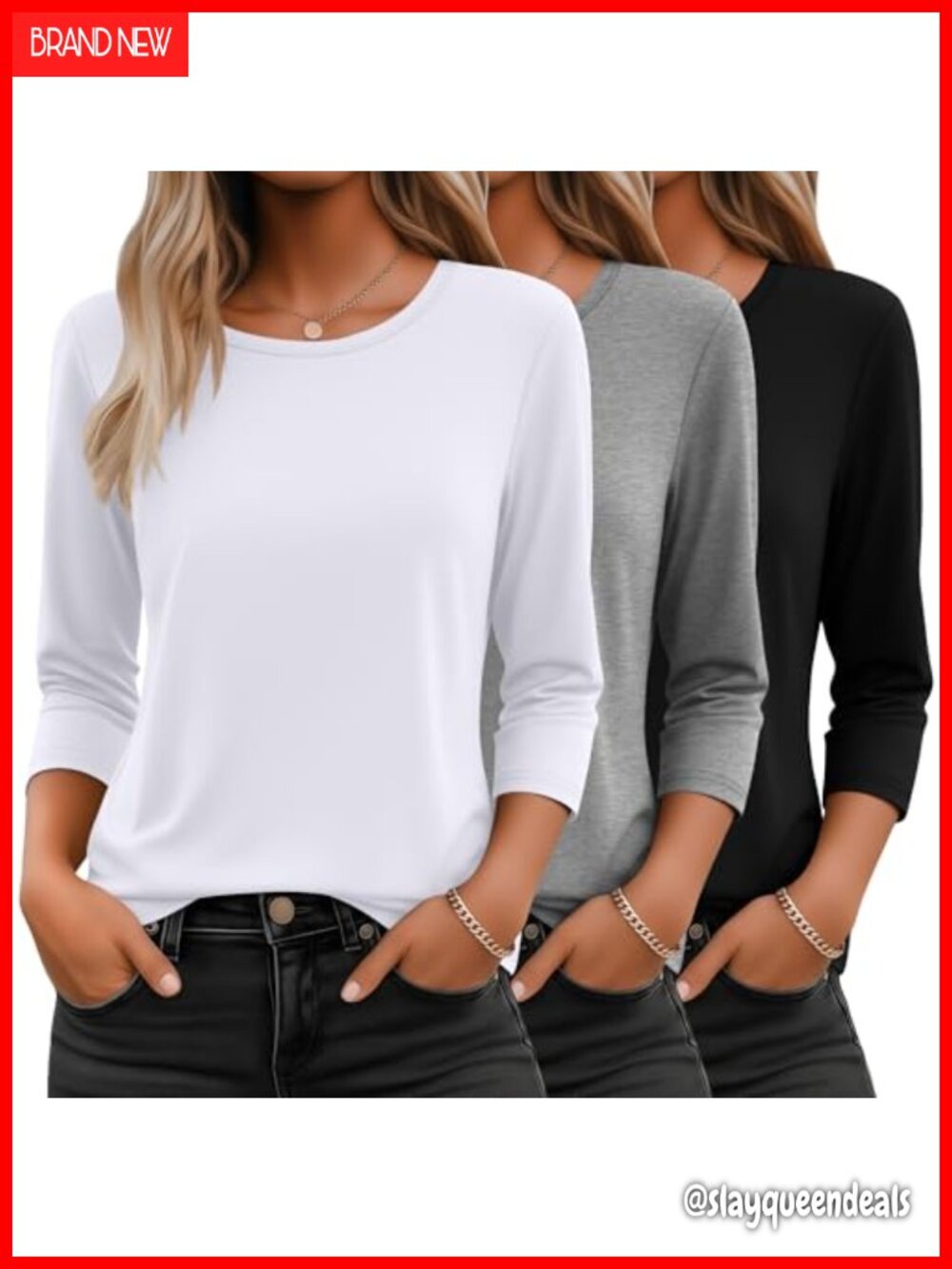3 Pack 3/4 Sleeve Tops Women Crewneck Loose Fit Basic T-Shirts